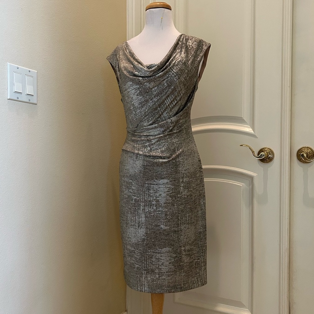 NWOT Connected Apparel draped  neckline textured silver weave knit jersey dress
